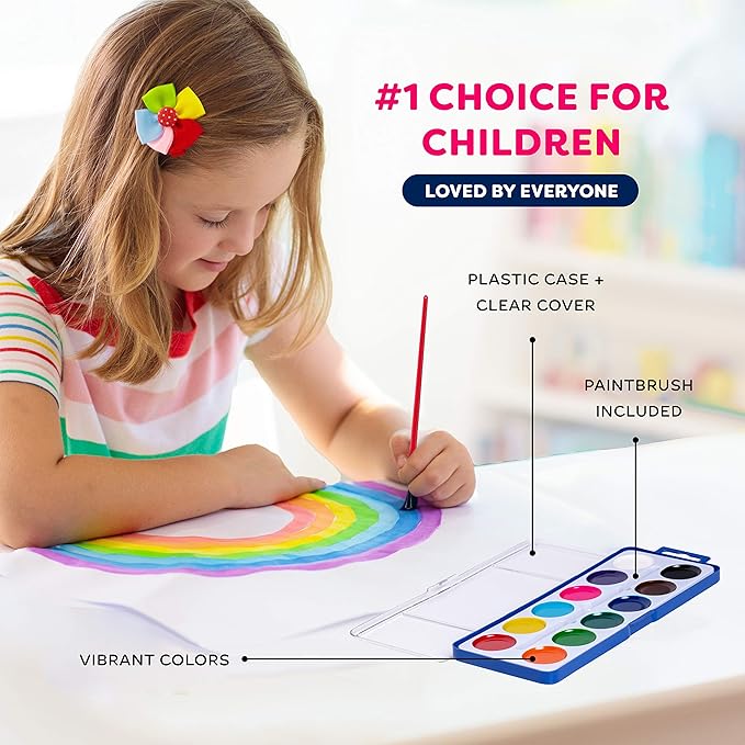 Pack of 12 Watercolor Paint Set for Kids - Washable Paint Sets with 12 Vibrant Colors - Suitable for Home, Classroom, and Art Parties - Includes Paintbrush for Creative Fun Activity on the Go