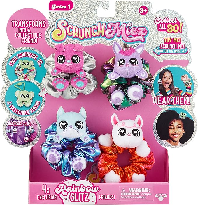 Scrunchmiez Four Pack, Exclusive scrunchies That Magically transforms from Hair Scrunchie to Cute Plush Friend as Well as Backpack Clip. So Many Characters to Collect & wear.