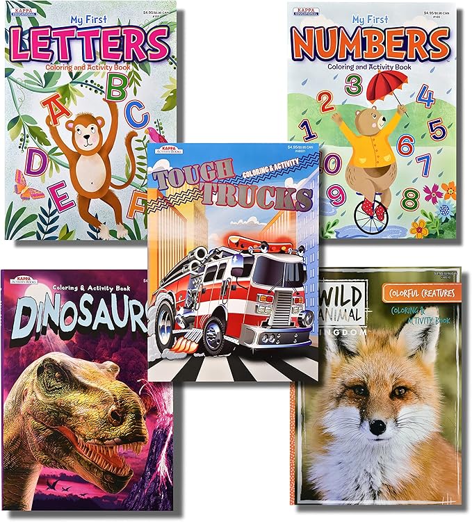 Kappa Coloring and Activity Books for Boys, Numbers and Letters, ABCs, Wild Animals, Dinosaurs, Tough Trucks, 8.5”x11” Extra Large Size for Hours of Fun, Ages 2-4, 4-8, 8-12 (Pack of 5)