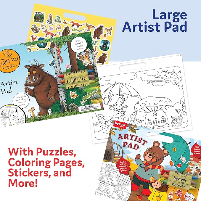 Large Artist Pad with Handle Set, Reusable Sticker Book with Coloring and Puzzle Activities for Kids 3 and Up, Includes 3 Double-Sided Crayons, Kids Art Supplies for Travel and Home