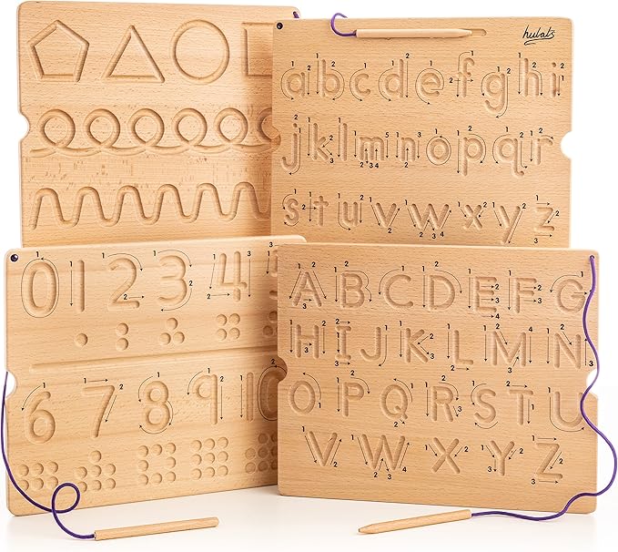 Learn to Write - Number & Letter Tracing Boards with Direction Arrows - Wooden Alphabet Learning Montessori Toys 4+ Year Old Toddler Writing Tools Beginner Preschool Classroom Must Haves