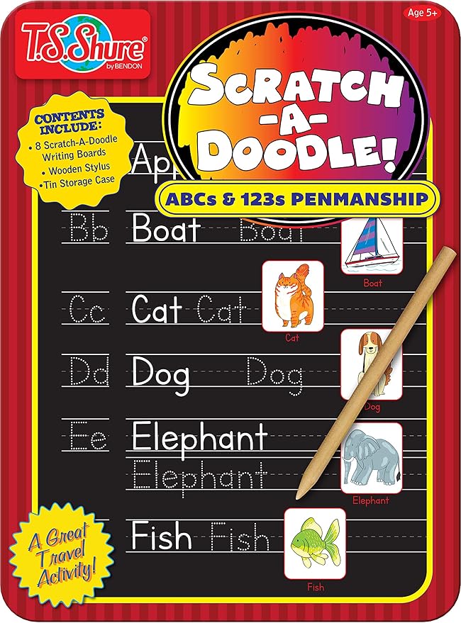 Bendon TS Shure ABC and 123 Alphabet Letters and Numbers Counting Educational Learning Tin with 8 Scratchboards and Wooden Stylus Pre-School Kindergarten Education 51477