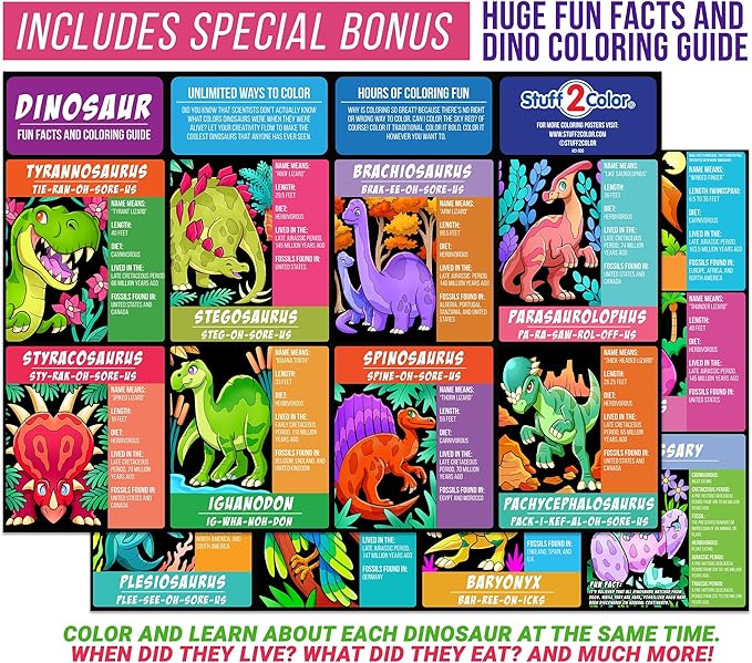 Super Pack of 18 Fuzzy Velvet Coloring Posters (Dinosaurs Edition) - Arts & Crafts for Boys and Girls - Great for After School, Travel, Quiet Time, Group Activities, and Coloring with Friends