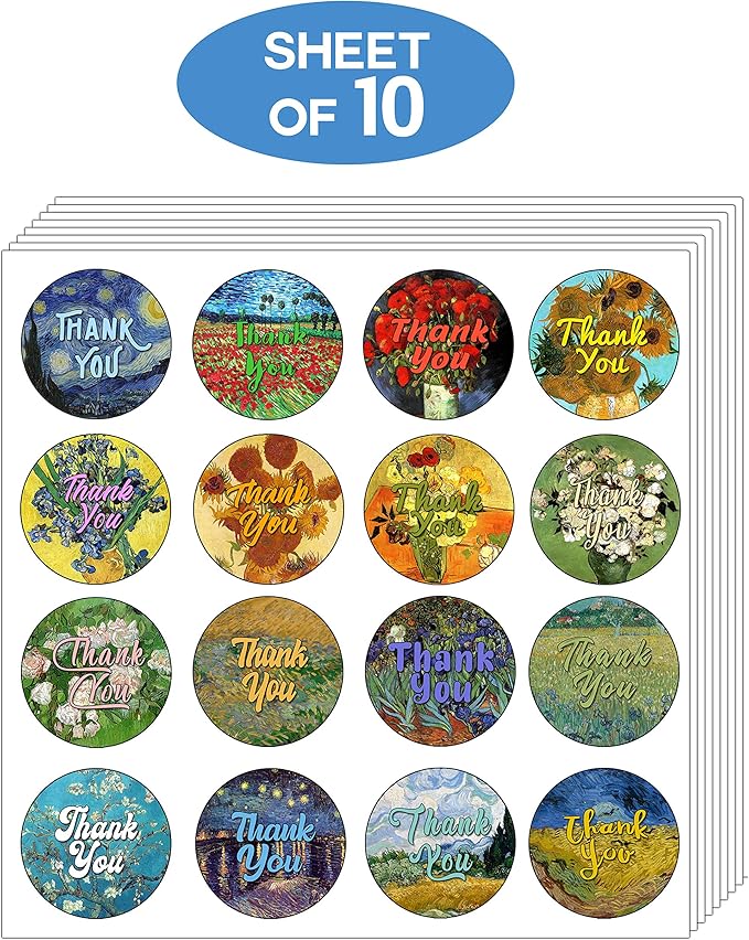 Creanoso Thank You Stickers (10-Sheet) - Sixteen Assorted Round Shape Design Van Gogh Thank You Stickers - Gift Tokens for Family, Friends, Relatives - Great Party Favors