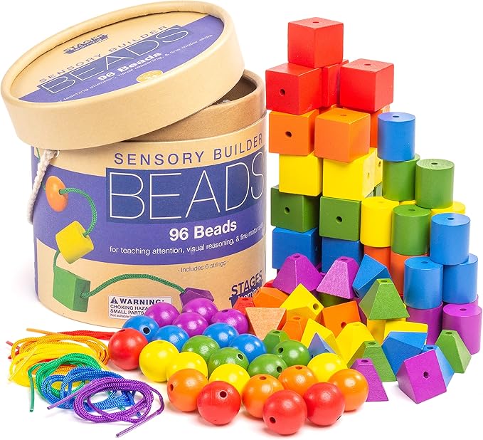 Stages Sensory Builder Colorful Wooden Stringing Beads in Sturdy Handled Tub, 96 Beads and 6 Strings, for Developing fine Motor Skills and Hand Eye Coordination