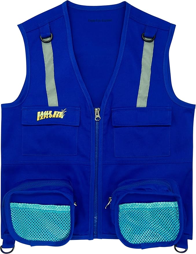 Multi-Piece Set Cargo Vest with Reflective Safety Straps, 1 8x21 Magnification Binoculars and Safari Hat for Boys and Girls (Medium/Large, Dark Blue Vest, Hat Binoculars)