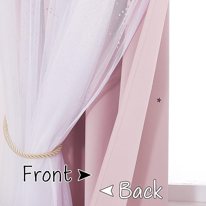 NICETOWN Pink Curtains for Girls Bedroom/Kids Room, Moon and Star Hollow Out Blackout Curtains for Nursery, Double-Layer Grommet Window Drapes for Christmas Decor, 52" W by 84" L, Set of 2