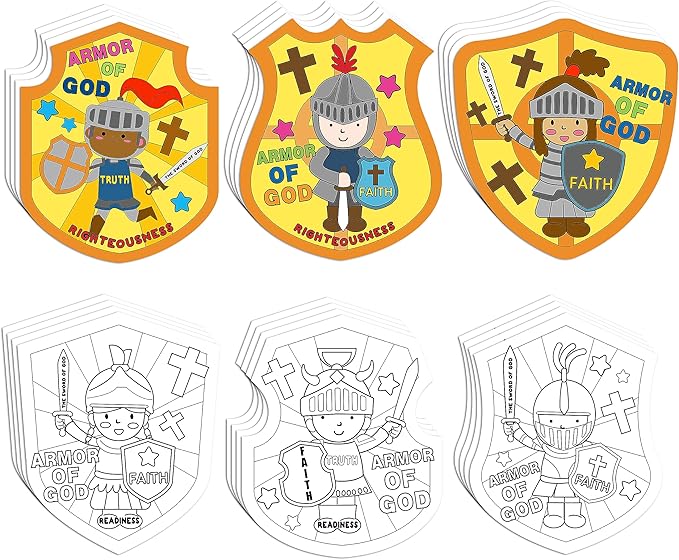 Dvbonike 24Pcs Sunday School Crafts for Kids Color Your Own Armor of God Craft Kit Religious Christian Coloring Card Soldier with Shield and Sword Drawing Party Gifts VBS Home Classroom Decor Supplies
