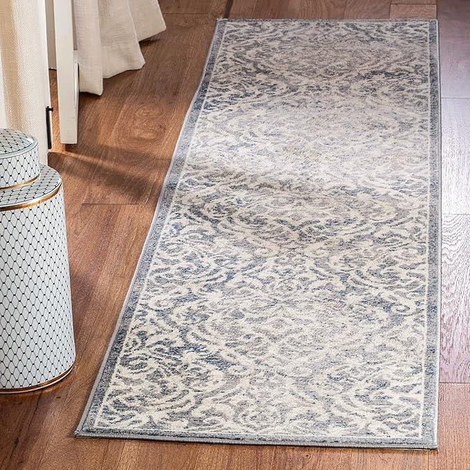 SAFAVIEH Brentwood Collection 2' x 6' Light Grey/Blue BNT810G Damask Non-Shedding Living Room Entryway Foyer Hallway Bedroom Runner Rug