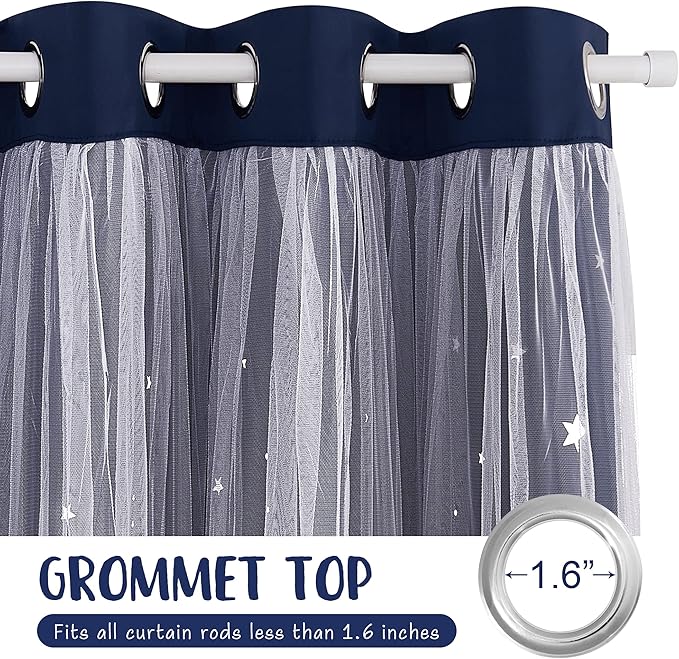 NICETOWN Stars and Moon Hollow-Out Blackout Curtains for Kids Room/Nursery, Grommet Top 2 Layer Window Treatment Curtain Panels for Living Room/Thanksgiving (2-Pack, W52 x L84 inches, Navy Blue)