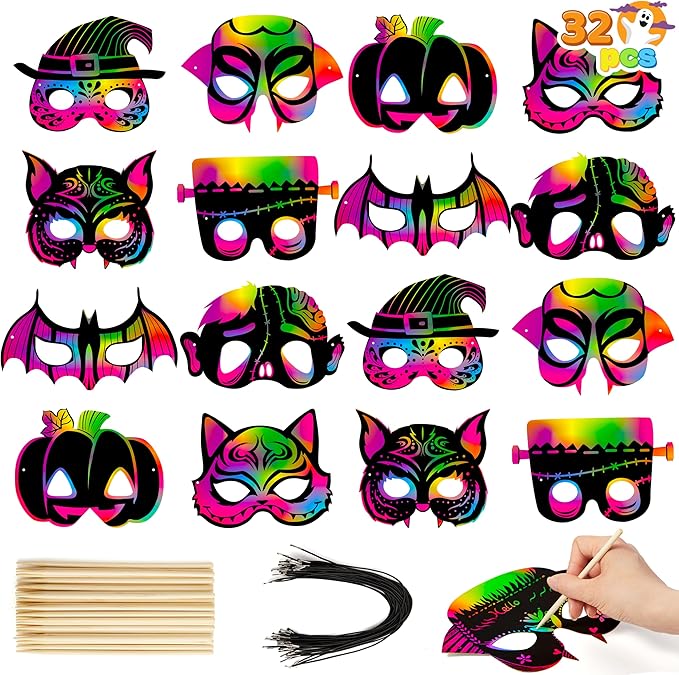 JOYIN 32 Pcs Halloween Rainbow Scratch Masks Crafts for Kids, Halloween Party Favors, Scratch Art Masks, Halloween Party Supplies, Scratch Off Paper Animal Masks Classroom Activities Gift Party Games
