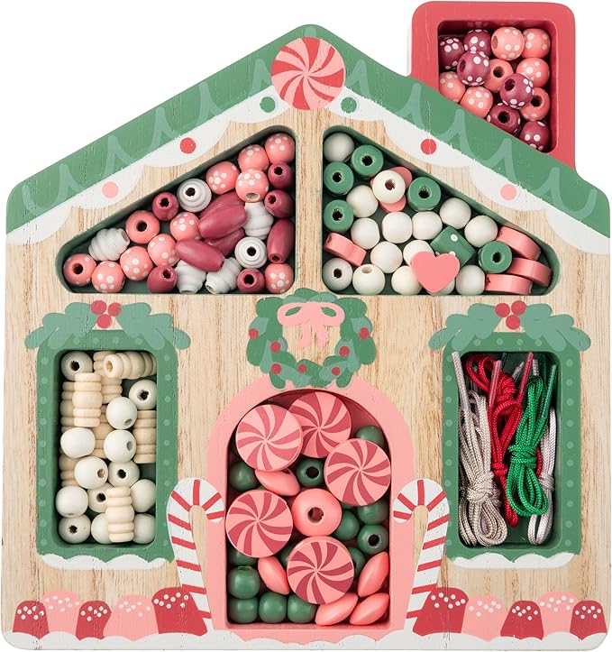 Stephen Joseph, Wooden Holiday Bead Kit for Kids, 125 Wooden Beads with 4 Necklace and 4 Bracelet Cords with Reusable Wooden Tray, Premium Wood Jewelry Making Kit for Kids, Gingerbread House