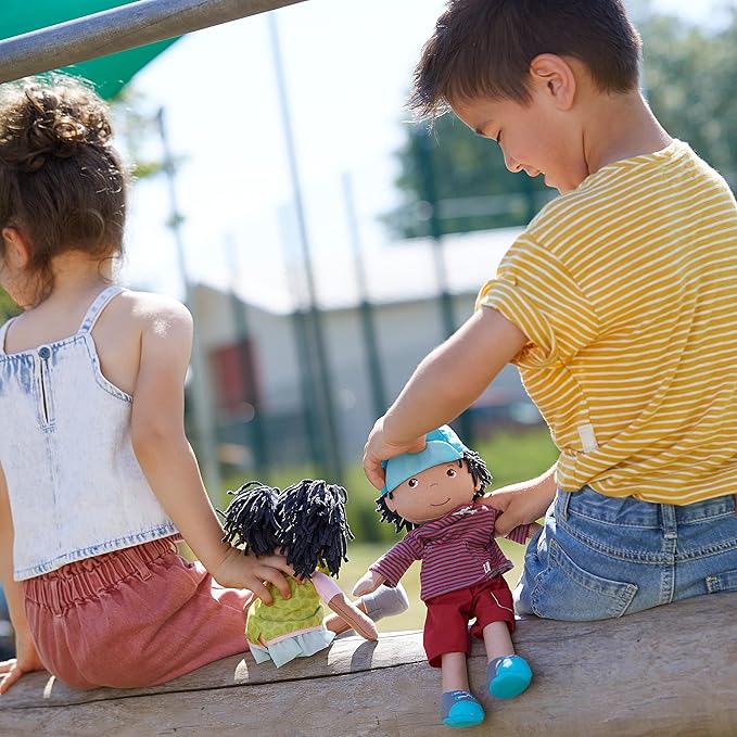 HABA Cari 12" Soft Doll - Machine Washable with Green Dress, Embroidered Face, Brown Eyes and Black Pigtails