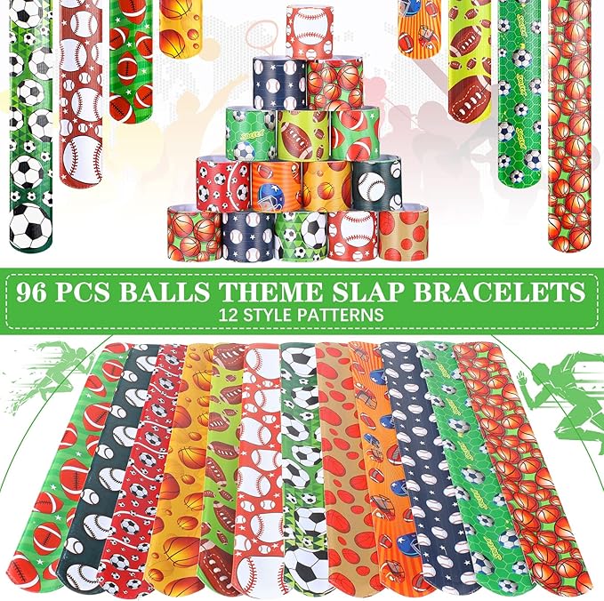 Deekin 48 Pcs Sports Party Favors Slap Bracelets Football Baseball Soccer Snap Bracelet Bands Slap Bands Colorful Decorations for Kids Birthday Party Supplies, 8.8 x 1.2 Inch