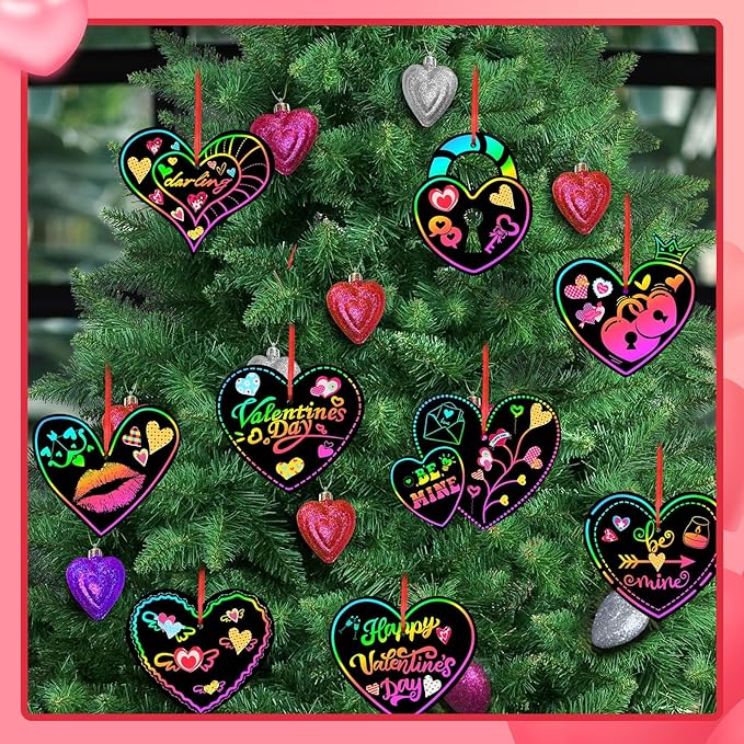 FEBSNOW Valentines Crafts for Kids, 48 PCS Heart Rainbow Magic Scratch Art Valentines Day Cards for Kids Classroom Scratch Paper Art for Valentines Day Gifts Party Favors witn Heart Stickers