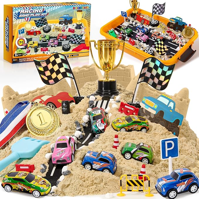 Play Sand Toys Sensory Bin Sandbox, Sand Box Toys for Kids Boys Toddlers 3 4 5 6 7 8 Christmas Birthday Gift (Race)