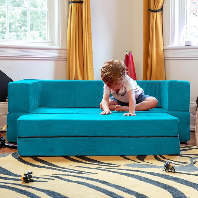 Jaxx Zipline Kids Sofa & Large Ottoman, 3 in 1 Fold Out Sofa, Big Kids Edition, Teal