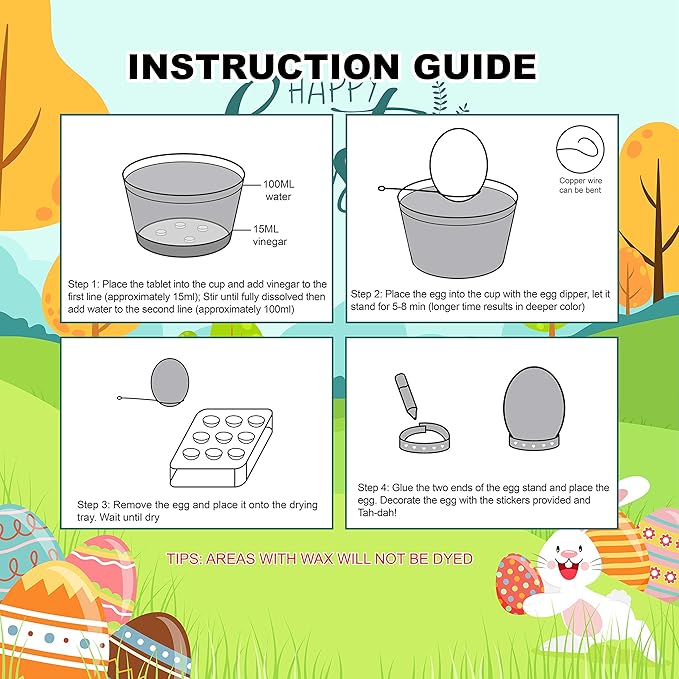 Klever 41 Pcs Easter Egg Decorating DIY Kit with Dye Tablets and Easter Stickers, Coloring Dyeing Set for Kids Theme Party, Egg Hunt Creativity Activity
