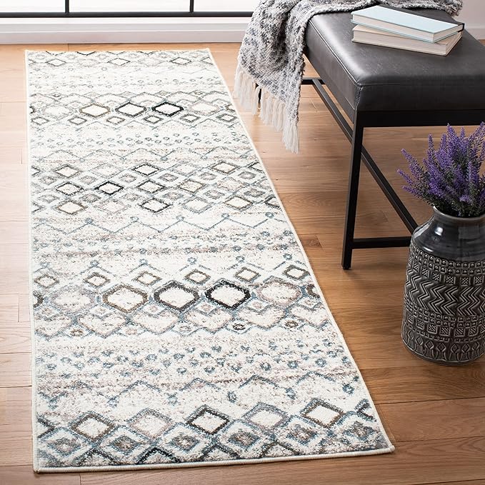 SAFAVIEH Amsterdam Collection Runner Rug - 2'3" x 20', Ivory & Grey, Moroccan Boho Design, Non-Shedding & Easy Care, Ideal for High Traffic Areas in Living Room, Bedroom (AMS108A)