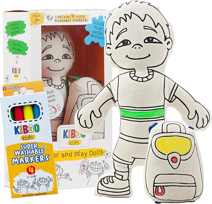 Color Your Doll - Boy Doll with Pocket & Backpack - Washable Markers Included - Educational Art & Crafts Toy for Kids - Reusable, Color, Play, Wash, Repeat - Creative Gift