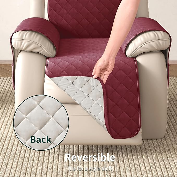 CHUN YI Recliner Chair Cover, Non-Slip Recliner Covers That Stay in Place, Washable Lazy Boy Recliner Covers with Pockets, Water Resistant Recliner Slipcover for Pets (Wine, Small Recliner)