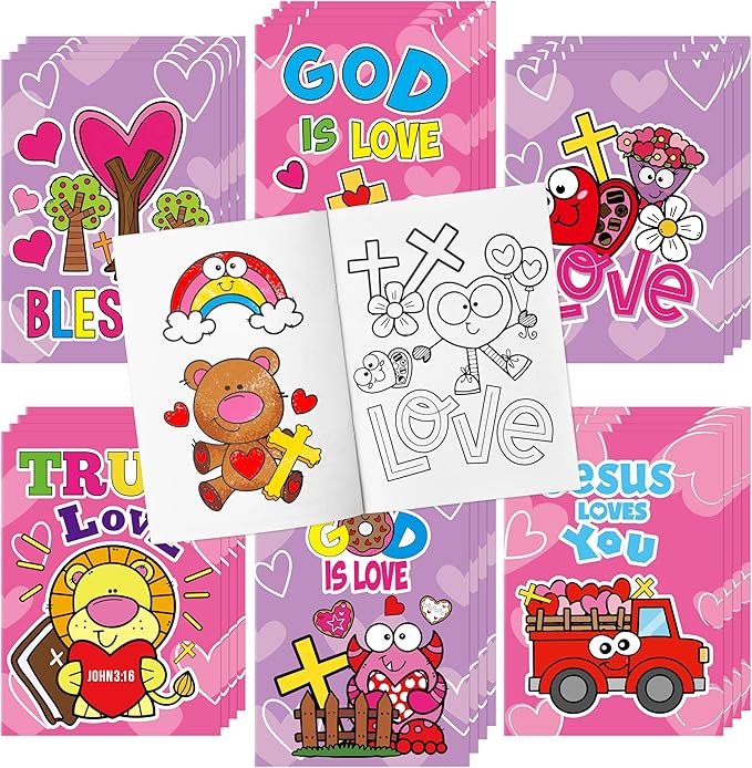 Valentine’s Day Coloring Books for Kids - 24Pcs Bulk Christian Theme Mini Coloring Booklet DIY Art Drawing Book for Toddlers Valentine Birthday Party Goodie Bags Stuffers Sunday School Classroom Favor