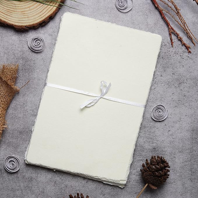 Watercolor Paper - 7.5 X 11 inches - Mixed Media Watercolor Paper - 150 GSM Thick Deckle Edge Virgin Cotton Handmade Paper - Off White