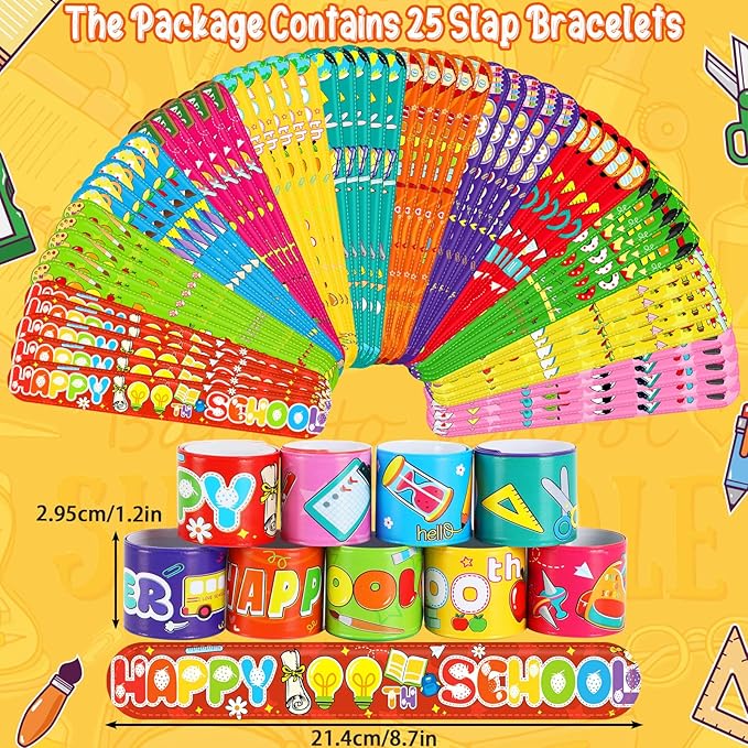 JUNEBRUSHS 100 Days of School Silicone Slap Bracelets, 50 Pcs Rubber Bracelets Snap Wristbands Happy 100th Day of School Party Favors Supplies Classroom Student Rewards