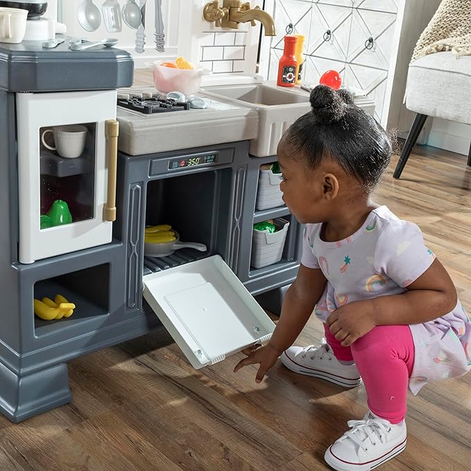 Step2 Gilded Gourmet Kids Kitchen Playset, Indoor/Outdoor Kitchenette, Interactive Play with Lights and Sounds, Made of Durable Plastic, Includes 20 Piece Toy Accessories, for Toddlers 2+ Years Old