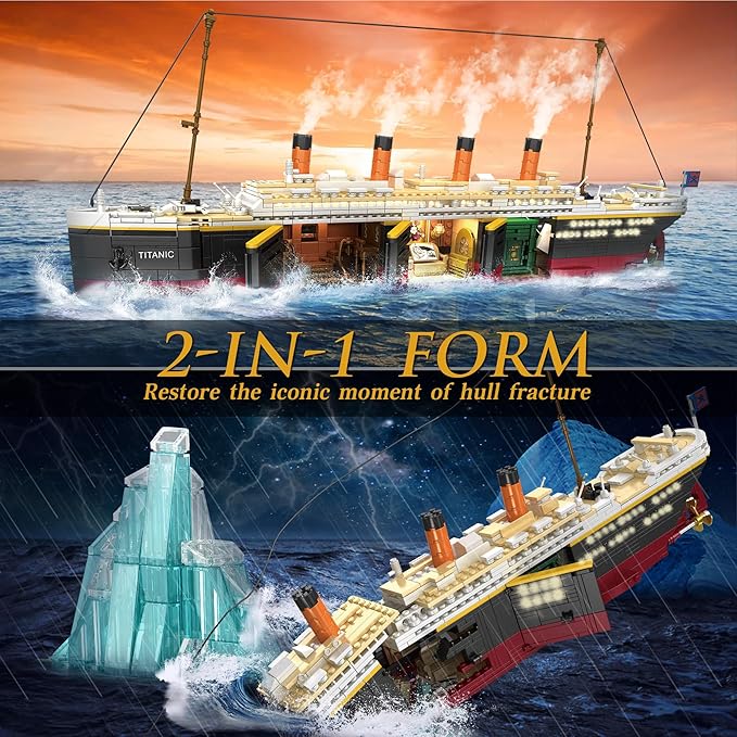 Titanic Building Set, 2288 Pcs Titanic Big Ship Model Block Set with Glacier and Glowing Light Strip, Giant Ship Building Model Set for Adults and Kids