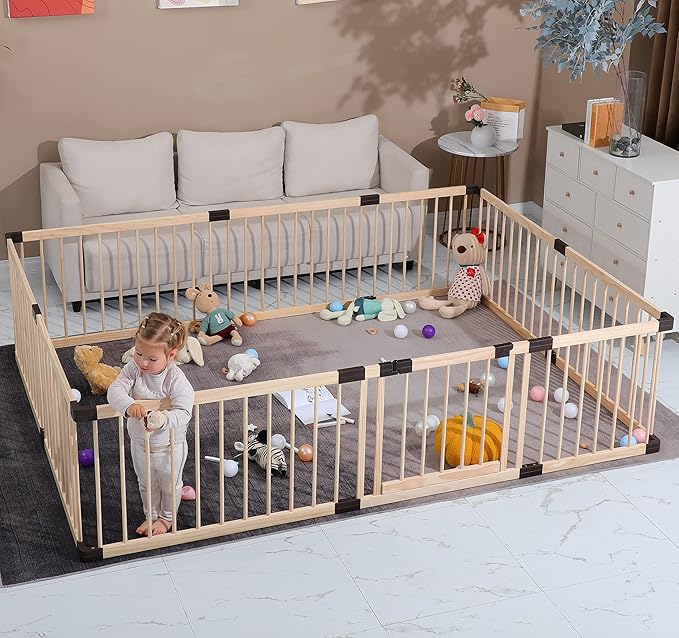 Conabay Large Baby Playpen Play Pen Fence Gate ,Baby Safety Wooden Guard Fence Play Area with Door,Baby Kids Barrier Fencing ,Baby Birthday Gift (180x240CM)