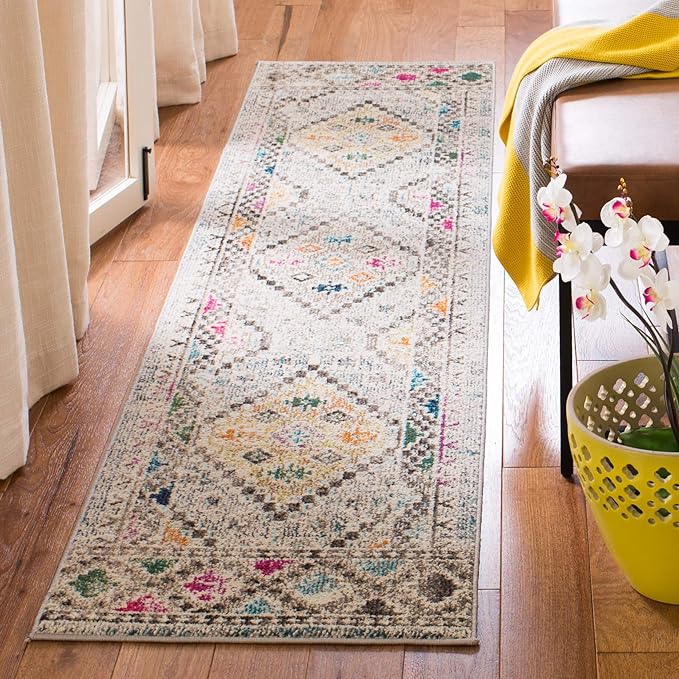 SAFAVIEH Madison Collection Runner Rug - 2'2" x 10', Grey & Yellow, Boho Diamond Distressed Design, Non-Shedding & Easy Care, Ideal for High Traffic Areas in Living Room, Bedroom (MAD418F)