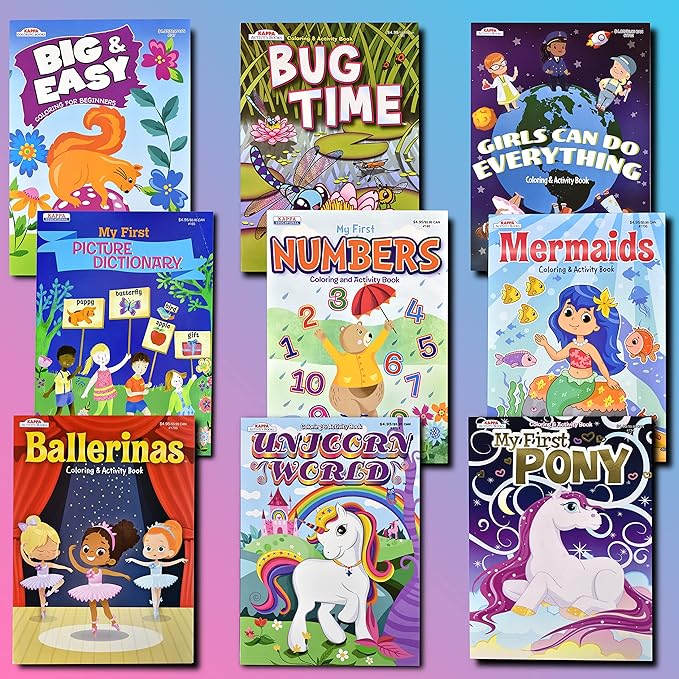 Kappa Coloring and Activity Books for Girls and Boys Numbers and Picture Dictionary Girl Power Mermaid Dinosaurs Trucks 8.5”x11” Extra Large Size for Hours of Fun, Ages 2-4, 4-8, 8-12 (Pack of 12)