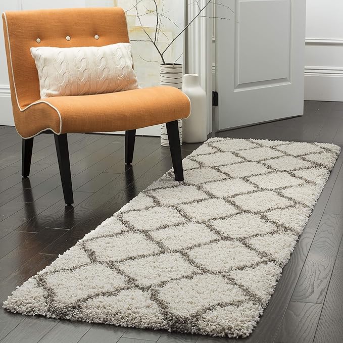 SAFAVIEH Hudson Shag Collection Runner Rug - 2'3" x 8', Ivory & Grey, Moroccan Trellis Design, Non-Shedding & Easy Care, 2-inch Thick Ideal for High Traffic Areas in Living Room, Bedroom (SGH283A)