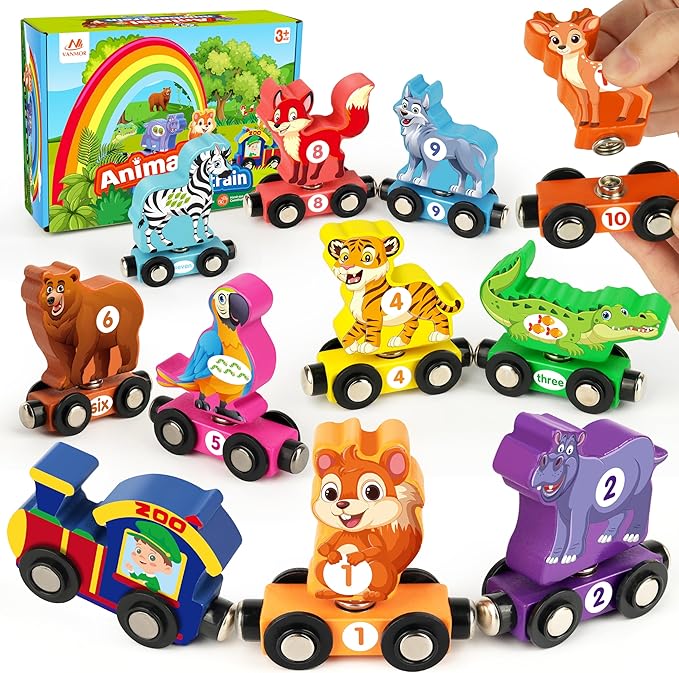 Vanmor Wooden Train Set for Toddlers, Magnetic Animal Number Train Toys for Ages3-5, Toddler Learning Toys, Fine Motor Skills Educational Toys, Preschool Activities, Toddler Boy Girl Gifts