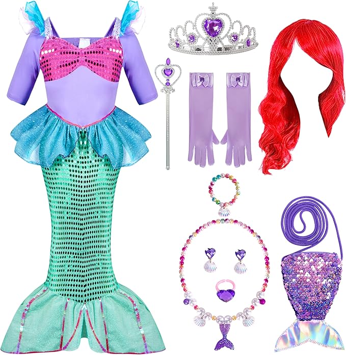 Spooktacular Creations Halloween Little Mermaid Costume for Girls, Sequin Mermaid Dress Set, Light Purple Princess Dress for Toddler Dress-Up, Cosplay Party (Small (5-7 YRS))