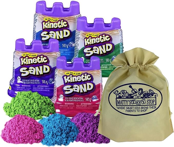 Kinetic Sand Modeling Sand 4.5oz. Containers Pink, Green, Purple & Blue Gift Set Bundle with Bonus Matty's Toy Stop Storage Bag - 4 Pack