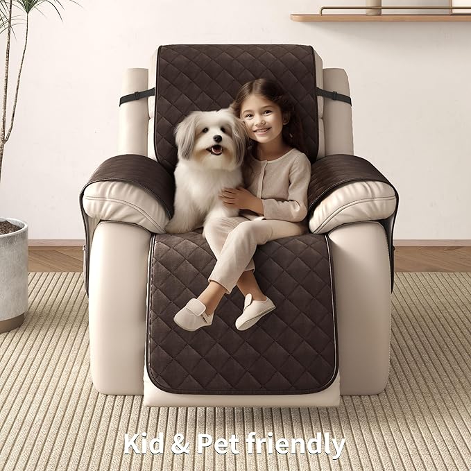 CHUN YI Recliner Chair Cover, Non-Slip Recliner Covers That Stay in Place, Washable Lazy Boy Recliner Covers with Pockets, Water Resistant Recliner Slipcover for Pets (Coffee, Small Recliner)