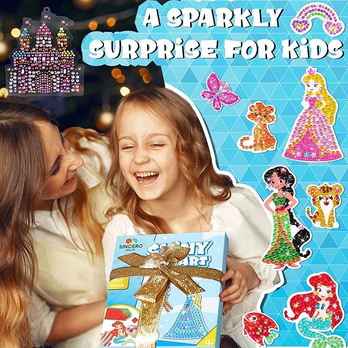 sinceroduct Diamond Art Kits for Kids with 6 Princess and Animals Stickers, 3 Gem Art Keychains and Suncatchers, Make Your Own Arts & Crafts, Christmas and Birthday Gifts for Girls Aged 4-8+