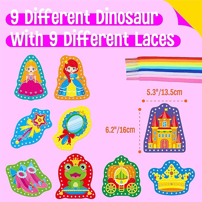 9 Pieces Kids Lacing Cards, Double Sided Sewing Cards in 9 Princess Theme Cards with 9 Colorful Laces, Imagination Development Lacing Toys Games for Children Educational and Learning Activity