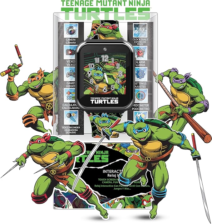 Accutime Teenage Mutant Ninja Turtles Kids Smart Watch with Touchscreen, 10 Customizable Faces, Camera, Step Counter, Calculator, Timer, and Alarm – Fun Interactive Learning for Boys and Girls