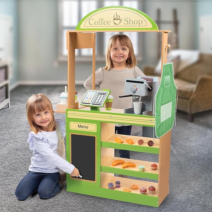 Pretend Coffee Shop Wooden Playset- Drive Thru Window Fun- Includes Frappuccino w Straws Espresso Maker Bread Pastries Rotating Cash Register, Coffee Cups, Apron- 25+ Cute Play Pieces! Kids Gift