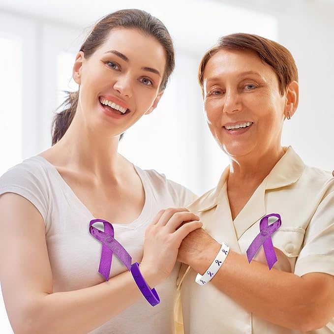 60 Pcs Purple Ribbon Awareness Accessories Stuff Include Purple Ribbon Silicone Bracelet Rubber Wristband and Lapel Buttons Pins for Animal Abuse, Alzheimer's Pancreatic Cancer Gifts Party Supplies