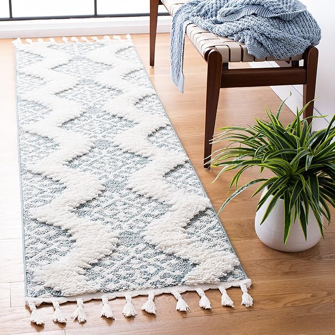 Safavieh Moroccan Tassel Shag Collection Runner Rug - 2'3" x 8', Teal & Ivory, Rustic Trellis, Non-Shedding & Easy Care, 2-inch Thick Ideal for High Traffic Areas in Living Room, Bedroom (MTS652K)