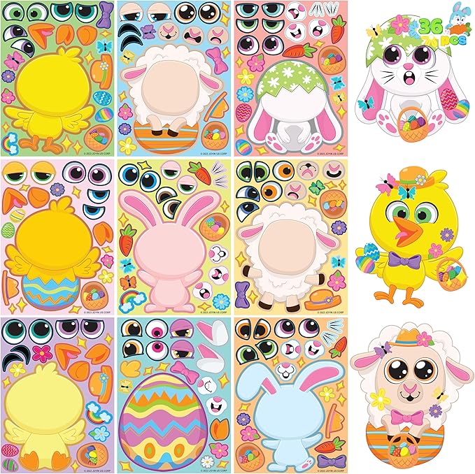 JOYIN 36 PCS Easter Match Make a Face Stickers with Chick Bunny Sheep Egg Pattern, Stickers for Kids, Easter Decorations for Water Bottle, Basket Stuffers,Classroom Gifts