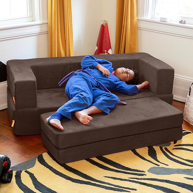 Jaxx Zipline Kids Sofa & Large Ottoman 3 in 1 Fold Out Sofa, Big Kids Edition Chocolate