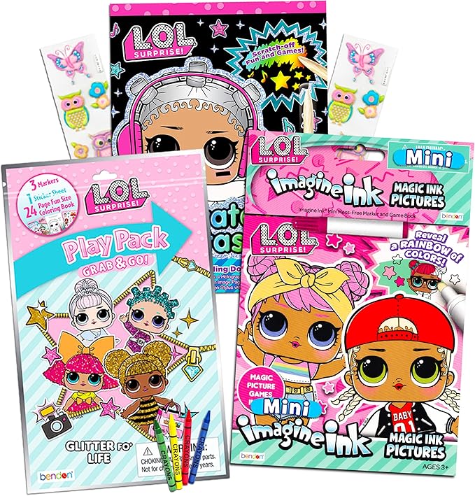 L O L Dolls Coloring and Activity Bundle for Kids Toddlers ~ LOL Dolls Mess-Free Coloring Book with Magic Pen, Scratch Art Book, Mini Coloring Book, and Owl Stickers (LOL Dolls Party Supplies)