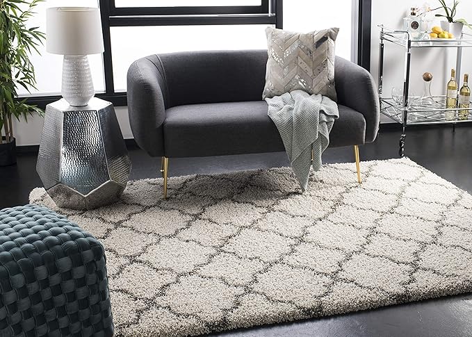 SAFAVIEH Hudson Shag Collection Area Rug - 6' x 9', Ivory & Grey, Moroccan Trellis Design, Non-Shedding & Easy Care, 2-inch Thick Ideal for High Traffic Areas in Living Room, Bedroom (SGH282A)