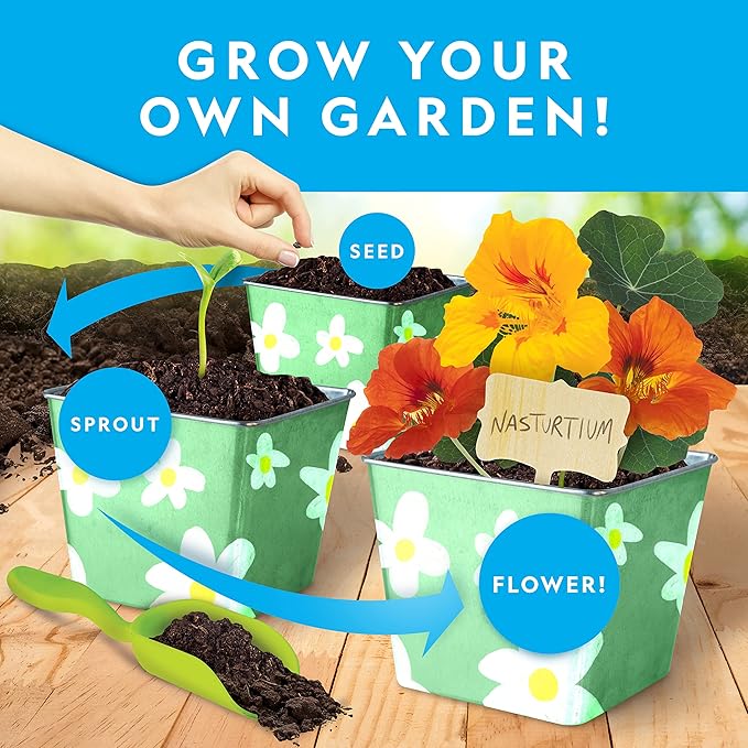 National Geographic Flower & Herb Gardening Kit for Kids - Kids Gardening Set with 3 Stainless Steel Pots, Paint & Stickers, Outdoor Toys, Craft Kits, Kids Plant Growing Kit (Amazon Exclusive)