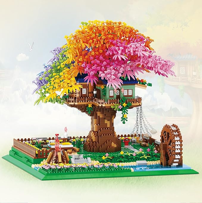 Rainbow Flowers Building Block with Light,Sakura Cherry Blossom Bonsai Tree House Construction Set,4451 PCS Mirco Blocks Architecture for Adults and Teens